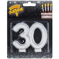 Свеча -цифра "30" Серебряная блеск