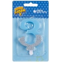 Свеча -цифра "3" Голубая блеск