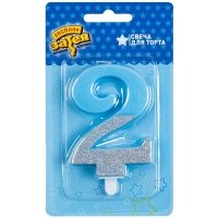 Свеча -цифра "2" Голубая блеск