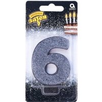 Свеча -цифра "6" Черная глиттер