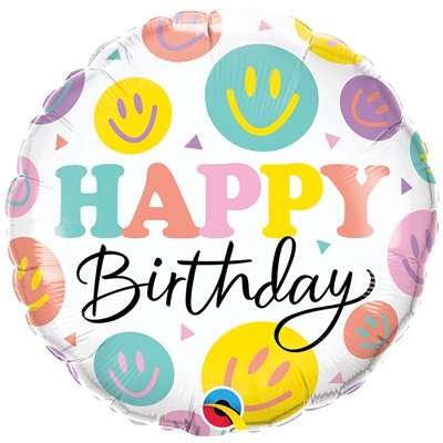 Шар круг "Happy Birthday Смайлики разноцветные"