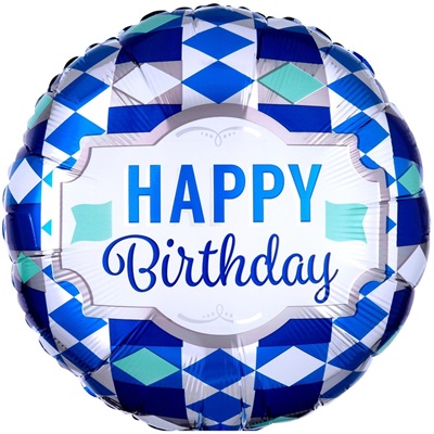 Шар круг "Happy Birthday Узор ромбы синие"
