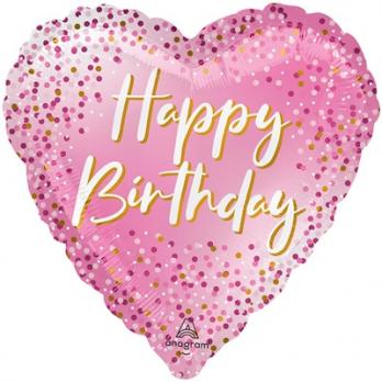 Шар сердце "Happy Birthday розовое с конфетти"