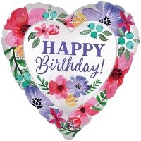 Шар сердце "Happy Birthday яркие цветы"