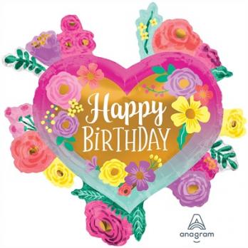 Шар фигура "Happy Birthday Сердце с цветами"