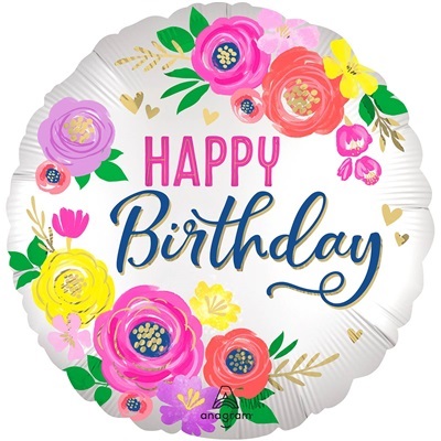 Шар круг "Happy Birthday Цветочный рисунок сатин"