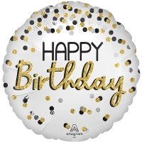 Шар круг "Happy Birthday Горошек черный серебро золото"