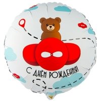 Шар круг "С Днем Рождения Мишка в самолете красном"