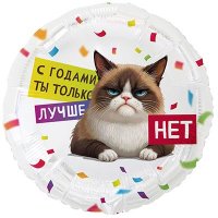 Шар фольга круг "С ГОДАМИ ТЫ ЛУЧШЕ! Кот Сердитый"