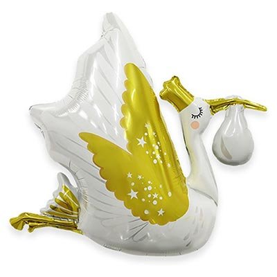 Шар фольга "Аист бело-золотой"