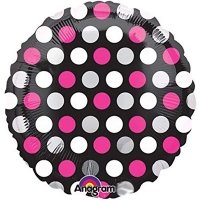 Шар круг фольга Горошек бело-розовый на черном