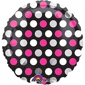 Шар круг фольга Горошек бело-розовый на черном