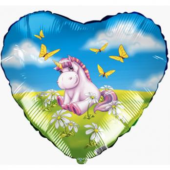 Шар сердце фольга Единорог на поляне