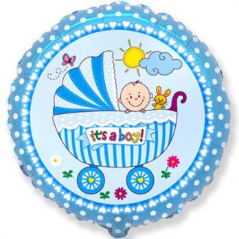 Шар круг фольга Коляска и малыш мальчик