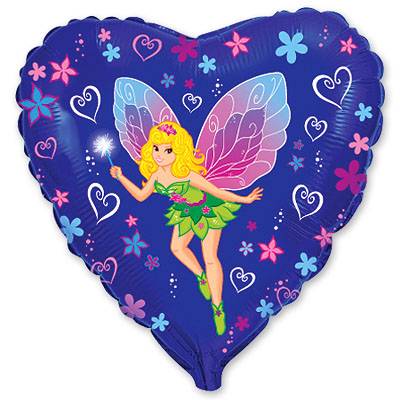 Шар сердце фольга Девочка фея на синем сердце