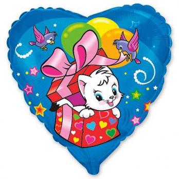 Шар сердце фольга Сюрприз с котенком