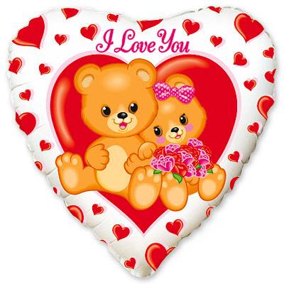Шар сердце фольга ILY Медвежата с цветами