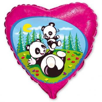 Шар сердце фольга Панды на поляне