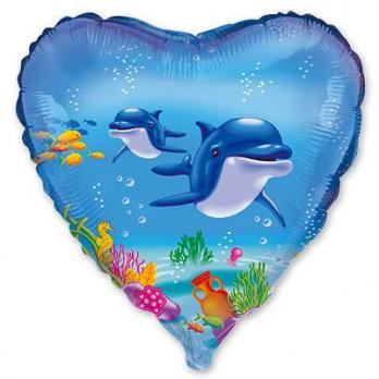 Шар сердце фольга Дельфины