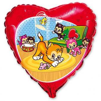 Шар сердце фольга Веселые котята
