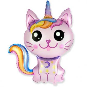 Шар фольга Кот-Единорог розовый