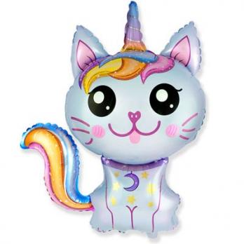 Шар фольга Кот-Единорог голубой
