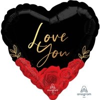 Шар сердце фольга Розы красные на черном