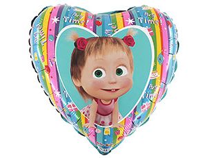 Шар сердце фольга Маша и Медведь радуга