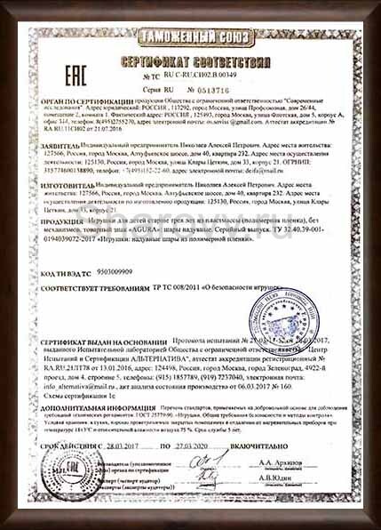 сертификат соответствия на фольгированные воздушные шары Agura